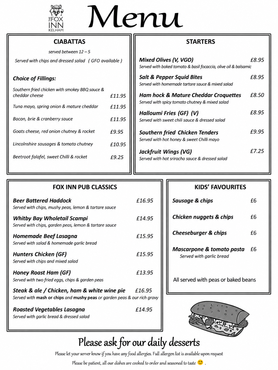 Main menu: ciabattas, starters, pub classics and children's favourites