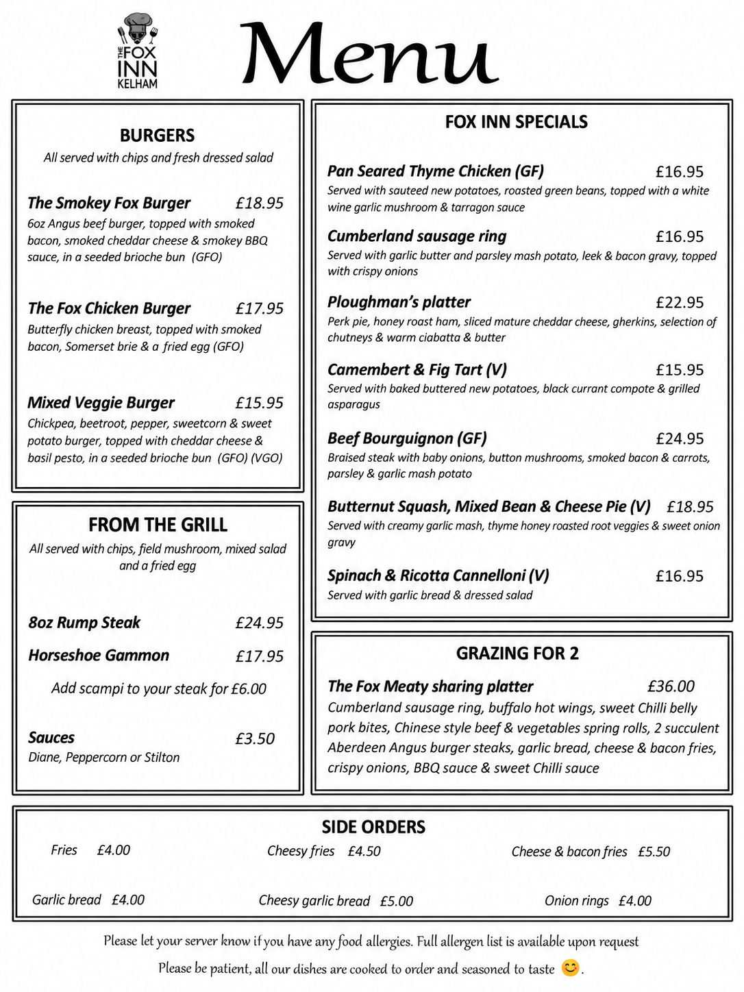 Main menu: burgers, grill, specials, sharing platter and sides