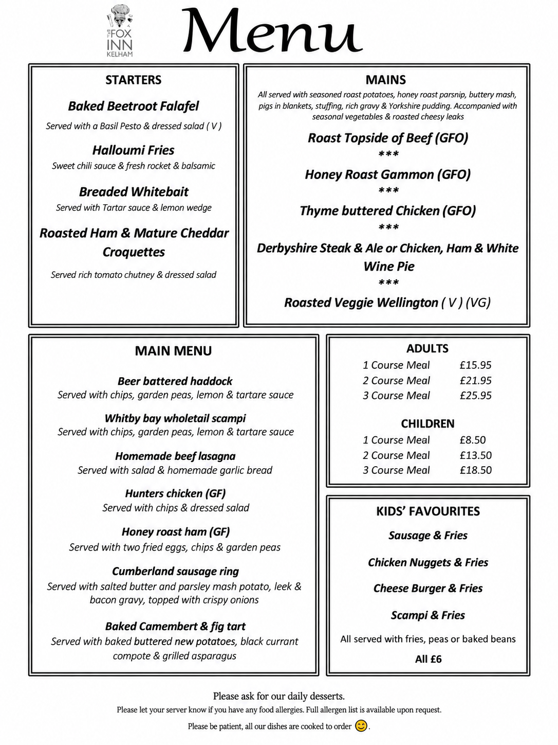 Sunday lunch menu with starters, roasts, children's meals and course prices